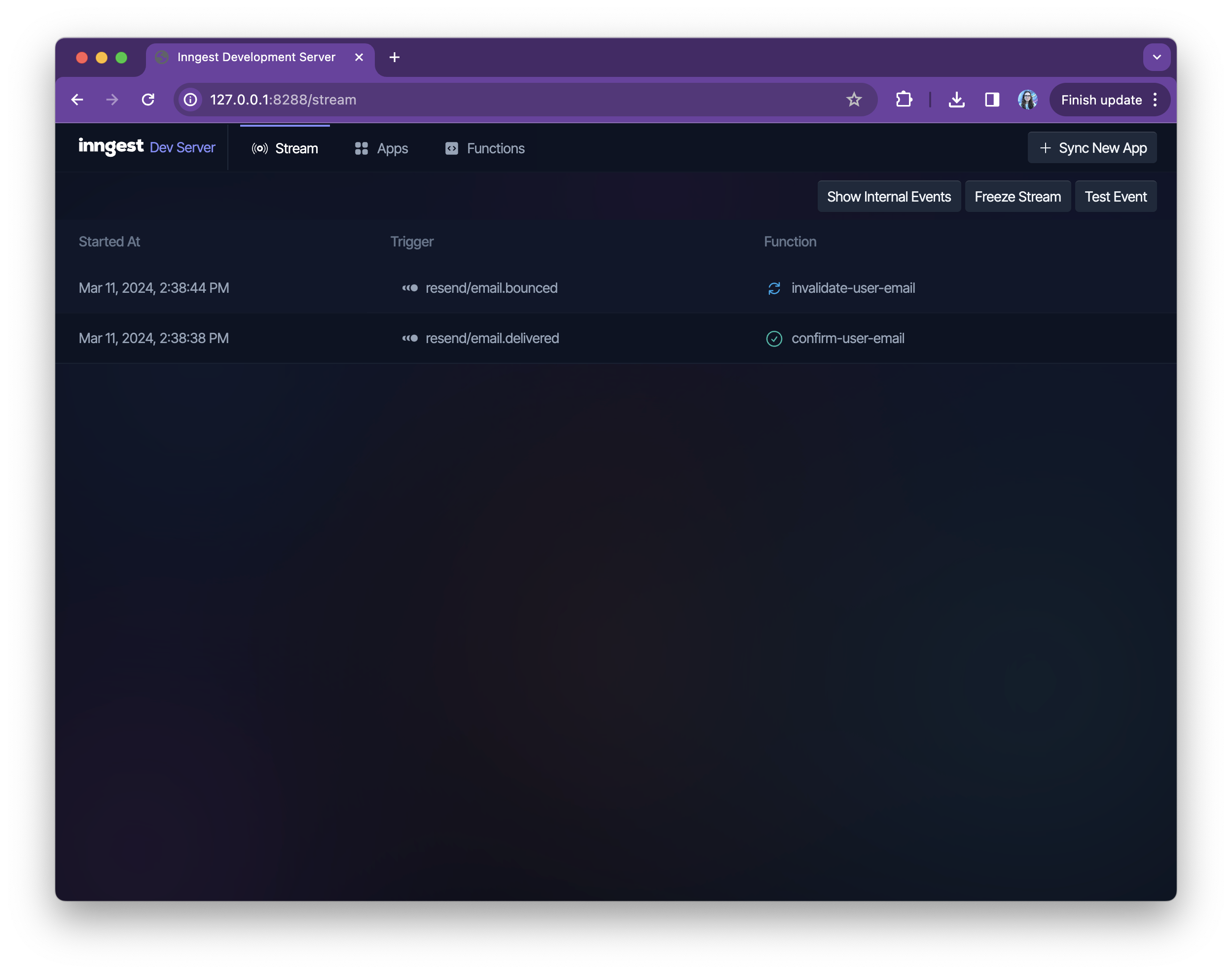 Stream tab in Inngest Dev Server featuring an event